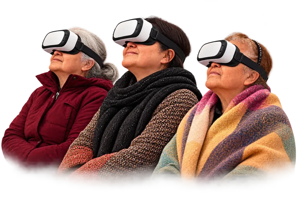 Tres mujeres mayores con visores de realidad virtual, mirando hacia el mapa